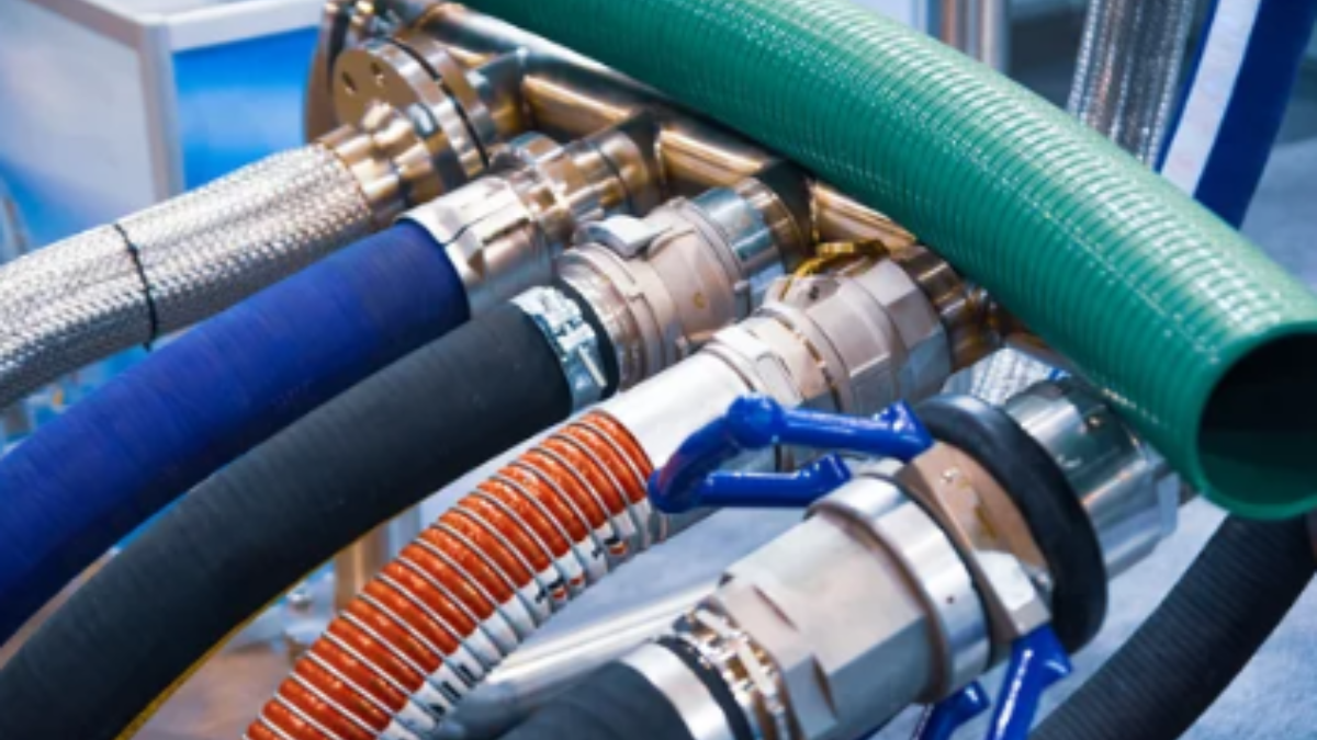 Close-up of various hoses and connectors with a focus on industrial or mechanical components.