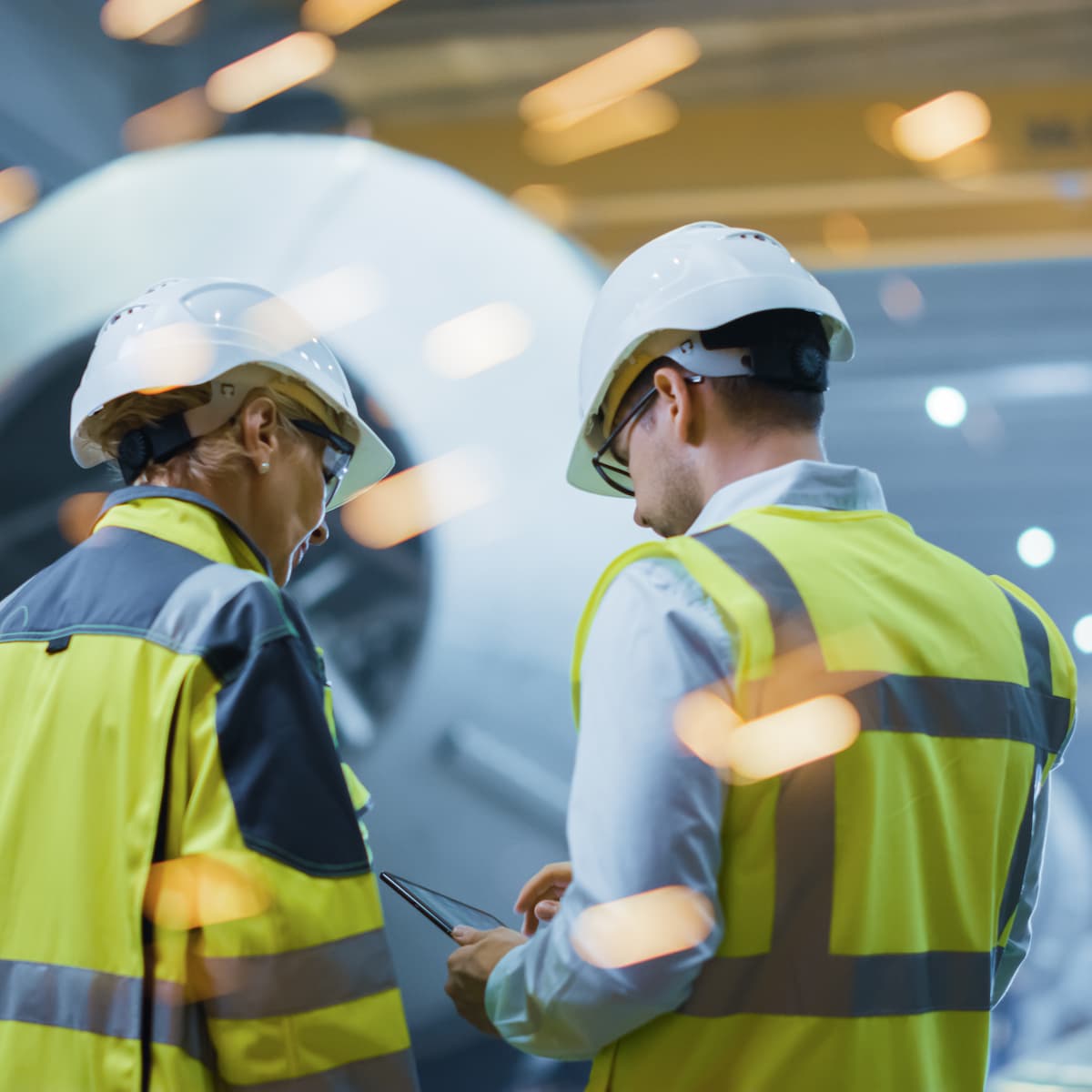 Two construction workers in high-visibility vests and hard hats looking at a tablet.