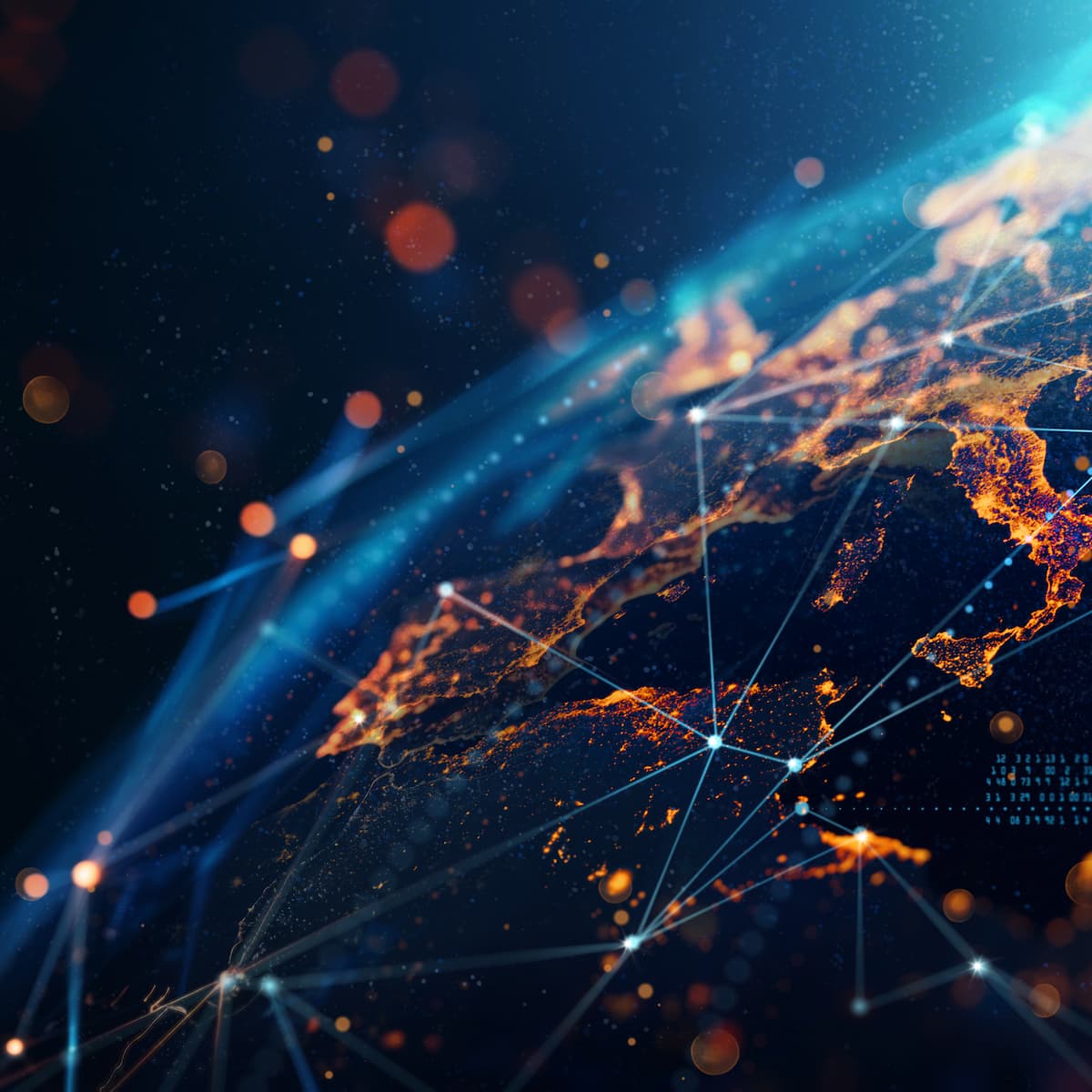 Abstract network or data flow design with blue and orange lights on a dark background