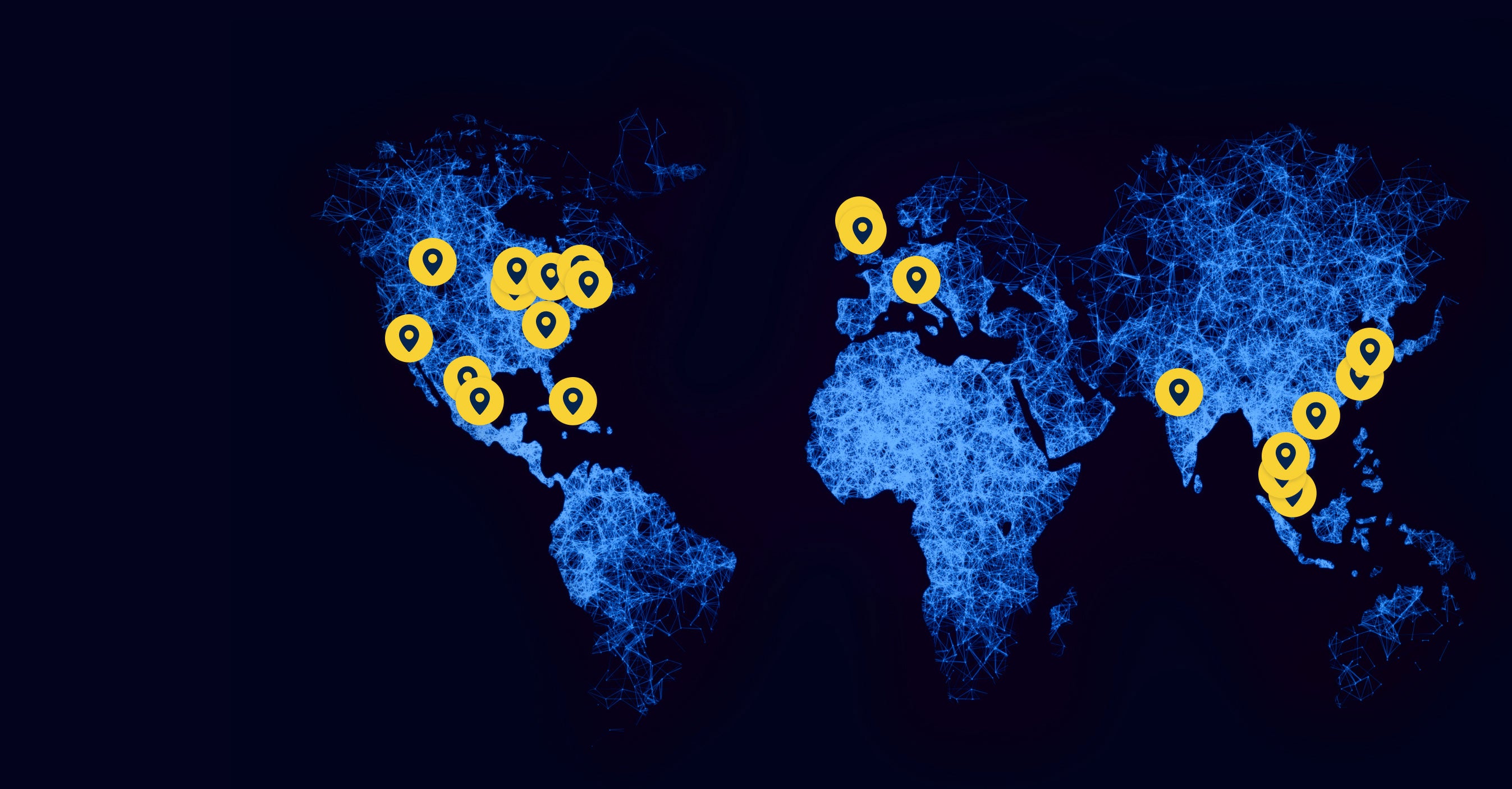 World map with yellow markers indicating locations on a dark background